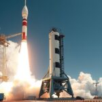 Hordozórakéta indítása füsttel és lánggal az űrbe.