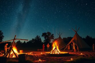 Csillagos égbolt alatt tűzgyújtás hagyományos táborhelyen.