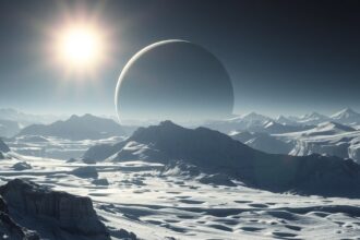 Uránusz holdja Oberon jég és kőzet tájával a Nap fényében