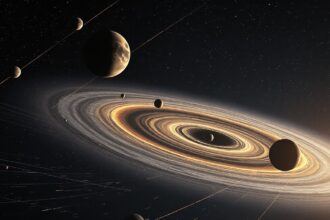 Oort-felhő objektumait és a Naprendszer égitestjeit ábrázoló műalkotás.