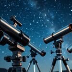 Távcsövek az éjszakai égbolt alatt, csillagászati megfigyelésekhez.