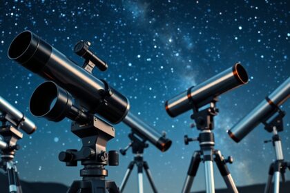 Távcsövek az éjszakai égbolt alatt, csillagászati megfigyelésekhez.
