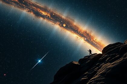 Férfi a hegytetőn, csillagok alatt és egy galaxis látképe.