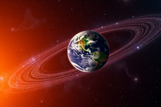 Föld és gyűrűk a világűrben, az űrkutatás szimbóluma.