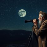 Idős csillagász távcsővel a csillagos ég alatt