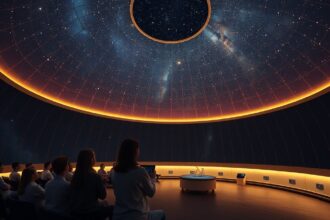 Planetárium belső nézet, csillagokkal teli boltozattal, látogatók ülnek.