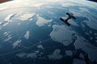 Műhold a Polaris pályán az Északi-sark felett, látványos felhők felett.