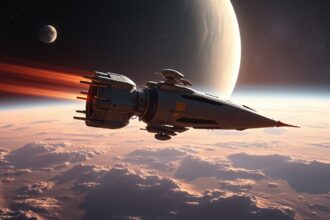 Poljot-2 űrszonda a mélyűrben, planetáris háttérrel