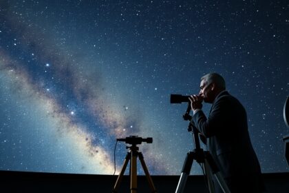 Csillagász a teleszkóp mögött, csillagos éggel a háttérben