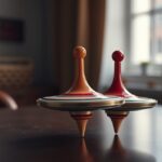 Két pörgettyű asztalon, illusztrálva a precesszió jelenségét.