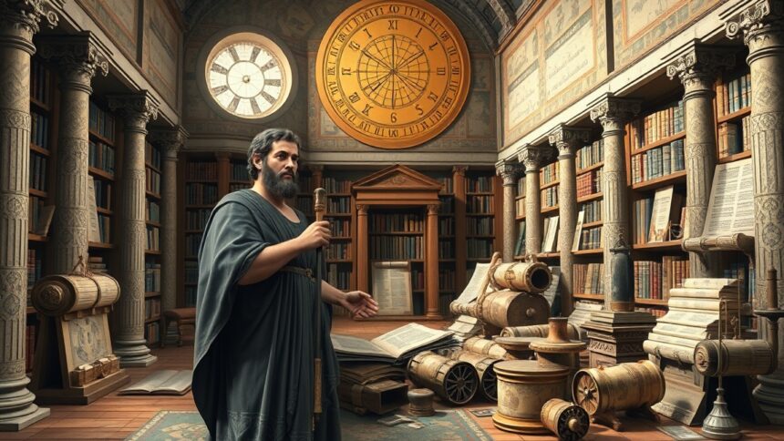 Ptolemaiosz Klaudiosz az ókori tudomány könyvtárában.