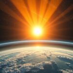 A Nap felkelt a Föld felett, sugárzásához kapcsolódó jelenségekkel.