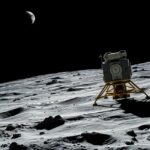 Ranger 7 űrszonda a Hold felszínén, háttérben a Föld és kráterek