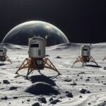 Holdraszálló egységek a Mars felszínén, mögöttük a Föld látható.