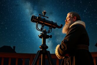 Römer Olaf csillagász távcsövével az éjszakai égbolt alatt