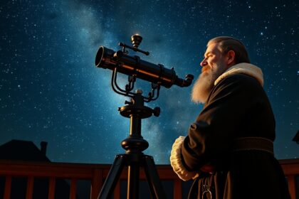 Römer Olaf csillagász távcsövével az éjszakai égbolt alatt