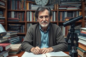 Carl Sagan tudós könyvek között, teleszkóppal.