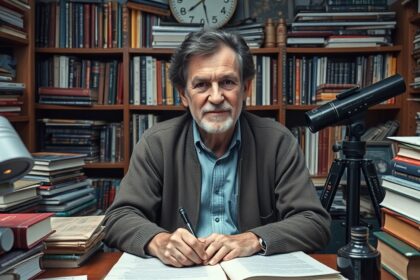 Carl Sagan tudós könyvek között, teleszkóppal.