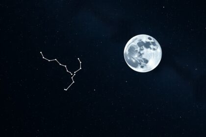 A Hydra csillagkép ábrázolása a Hold mellett az éjszakai égbolton.