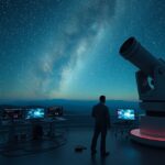 Csillagászati távcső és kutató a csillagos ég alatt