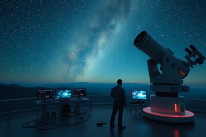 Csillagászati távcső és kutató a csillagos ég alatt