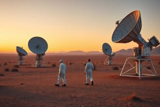 Két kutató SETI rádiótálcák mellett az űrkutatás területén.