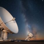 Hálózat telescópok az éjszakai égbolton, csillagokkal a háttérben.