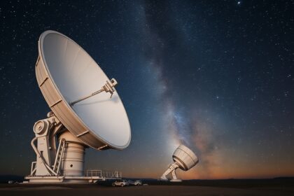 Hálózat telescópok az éjszakai égbolton, csillagokkal a háttérben.