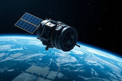 Kisműhold az űrben, napkollektorokkal, Föld felett