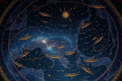 Szférikus csillagtérkép az égi koordináták ábrázolásával.