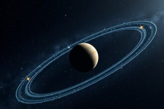 Egy bolygó sziderikus keringési idő modellje gyűrűkkel a háttérben.