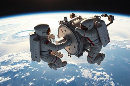 Két űrhajós a Szojuz-Apollo program keretében a világűrben