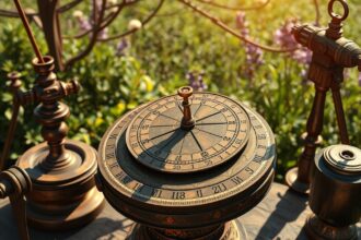 Szoláris óra gyönyörű zöld környezetben, napfényben.