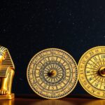 Szoláris naptárak és egyiptomi szobor éjszakai háttérben.