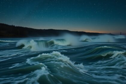 Éjszakai tengerparti látkép hullámokkal és csillagos sky