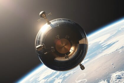 A Szputnyik-1 mesterséges hold elképzelt képe a Föld felett.