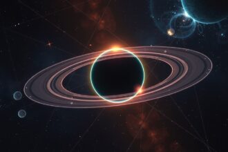 Solar system representation with a ringed planet and stars
