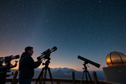 Csillagászati megfigyelés teleszkópokkal a csillagos ég alatt.