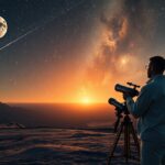 Csillagászati asszociációt tanulmányozó csillagász távcsővel az éjszakai égbolton.