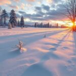 Téli táj napfelkeltével és havazott fákkal