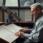 Clyde Tombaugh csillagász a Lowell-obszervatóriumban, térképet nézve.