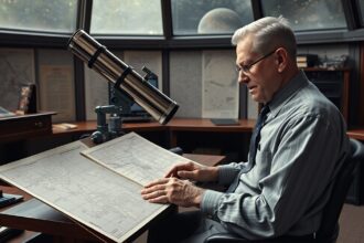 Clyde Tombaugh csillagász a Lowell-obszervatóriumban, térképet nézve.