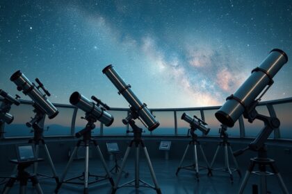Tükrös távcsövek egy csillagvizsgálóban, a Tejút alatt.