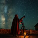 Tycho de Brahe csillagászból készült éjszakai megfigyelés egy távcső előtt.