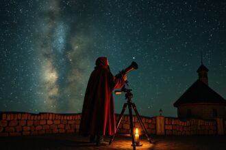 Tycho de Brahe csillagászból készült éjszakai megfigyelés egy távcső előtt.
