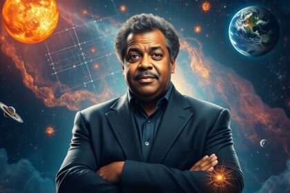 Neil deGrasse Tyson az asztrofizika területén, univerzumi háttérrel.