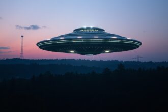 UFO az égen egy erdő felett, háttérben antennaszerkezetekkel.