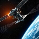 IRAS űrszonda az űrben, napfényben az óceán felett