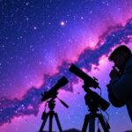 Fiatal csillagász ultraibolya csillagászati megfigyelést végez a csillagos ég alatt.