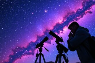 Fiatal csillagász ultraibolya csillagászati megfigyelést végez a csillagos ég alatt.